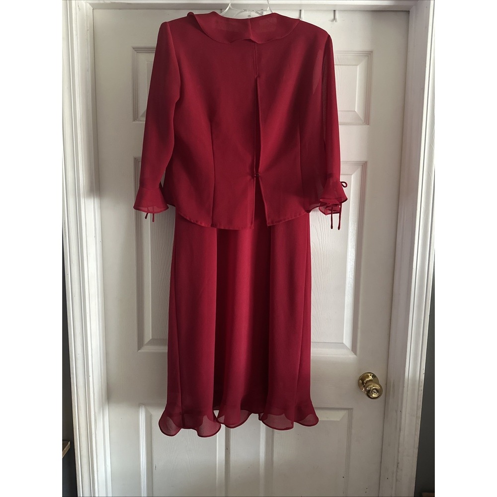Women's Vintage Miss Dorby Red 2‎ Pc Dress Jacket Ruffle Jeweled Buttons Size 14 - Picture 9 of 13